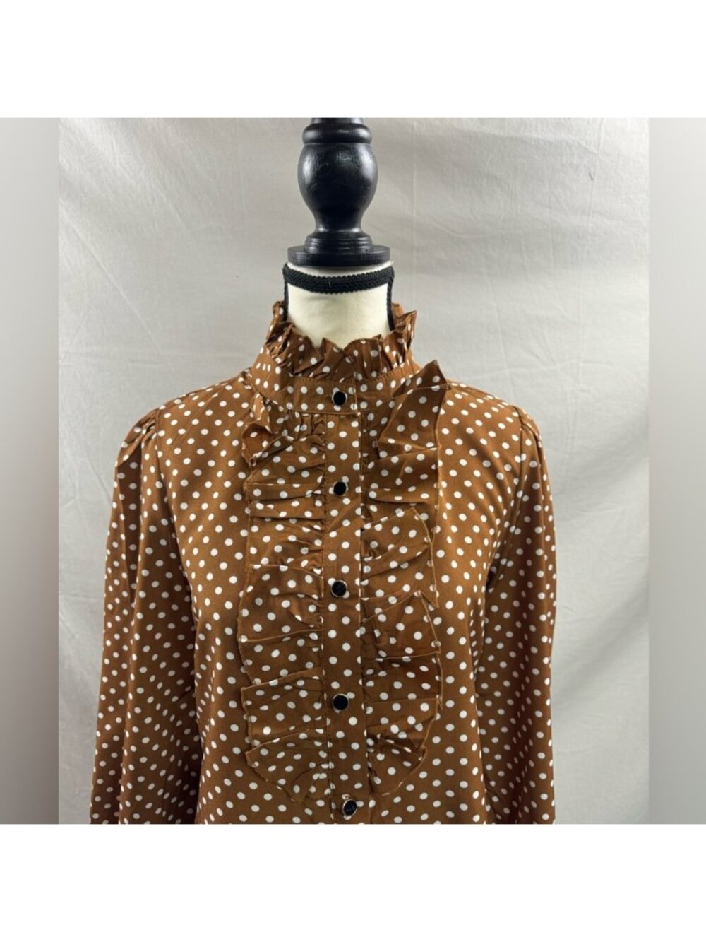 Polka Dot Ruffle Trim Blouse Brown - Picture 7 of 9